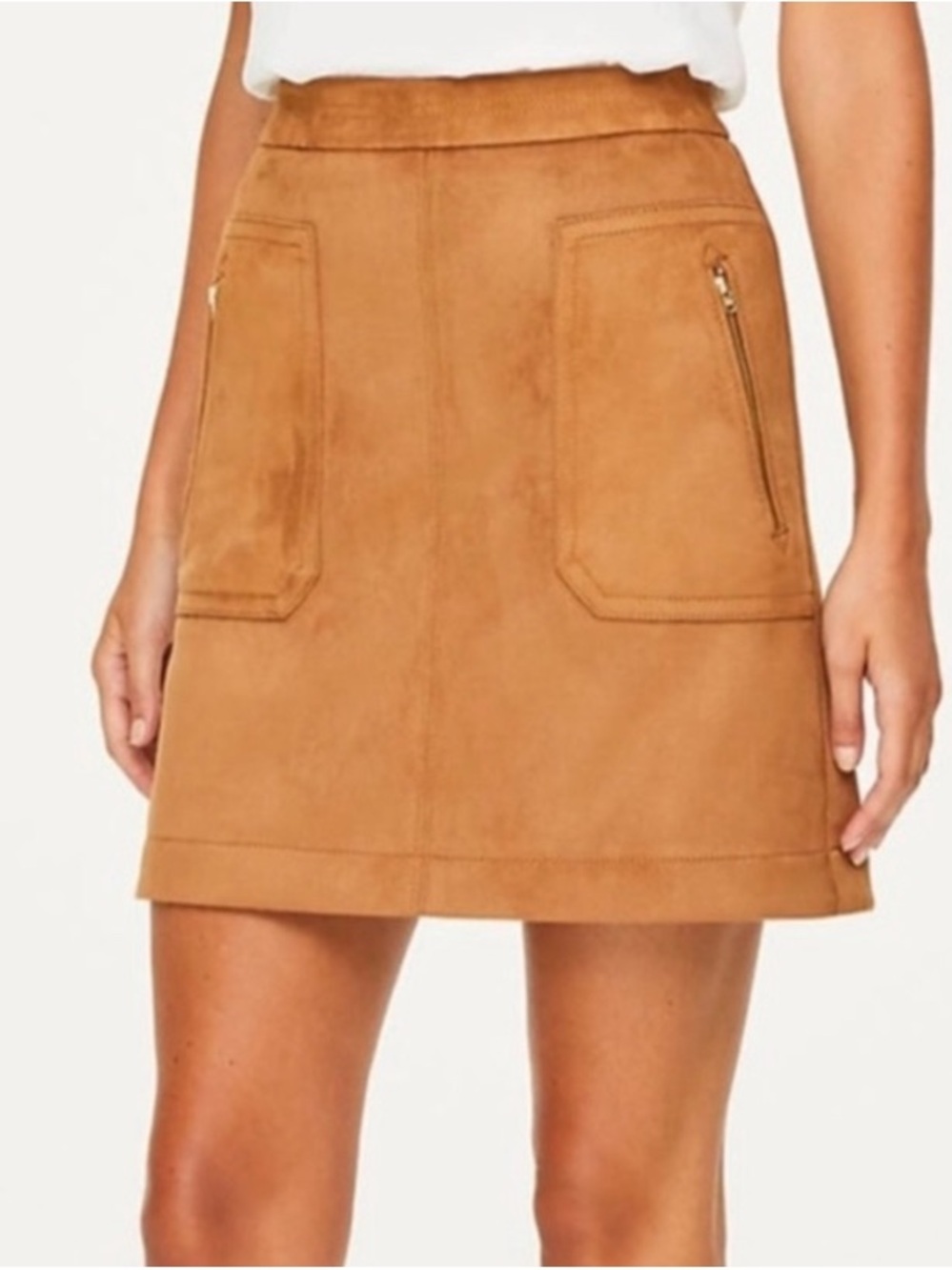NWOT LOFT WMNS 00P Camel Suede Mini Skirt Fully Lined w/ Gold Zip Pockets - Picture 1 of 8
